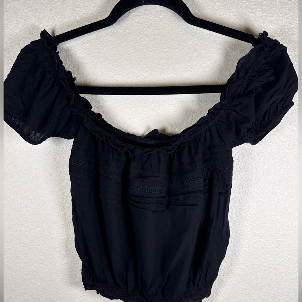 Auguste Black Peasant Crop Top 4 Boho Cottage Ruffle Off Shoulder Festival - Picture 4 of 6